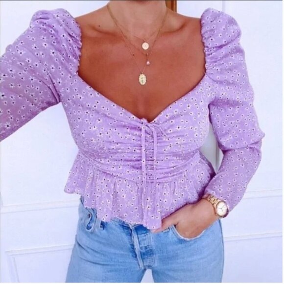 ZARA Lilac Floral Ruched Peplum Top , Size Medium NWT - Picture 4 of 9